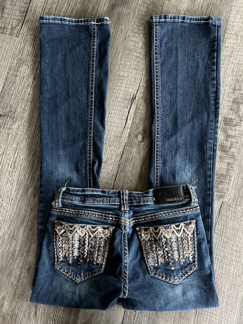Grace in LA Easy Fit Bootcut Flare Jeans in Blue Waist 26 Y2k Embellished